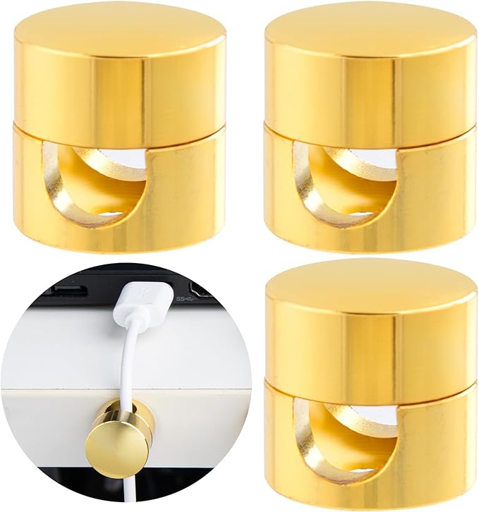3 Sets Charger Holders for Cords, Gold Adjustable Cable Anchor Holders, Adhesive Metal Cord Clips, Cable Management Wire Organizers for Desk, Office, Nightstand