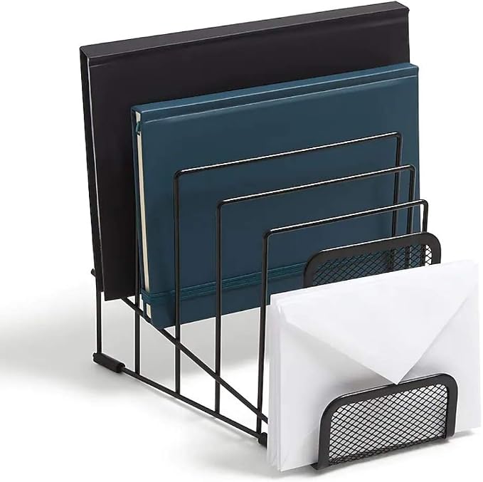 1InTheOffice Metal Incline Desktop File Sorter, Black Wire Mesh Step Sorter, 6 Compartments