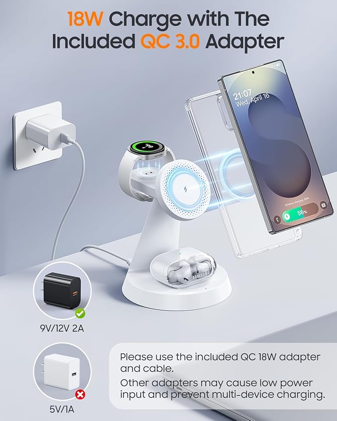 Magnetic Wireless Charger for Samsung, 3 in 1 Charging Station Compatible with MagSafe Charger for Samsung Galaxy S26 Ultra Z Fold7/Flip7, Watch Charger Stand for Galaxy Watch Ultra 8, for buds, White