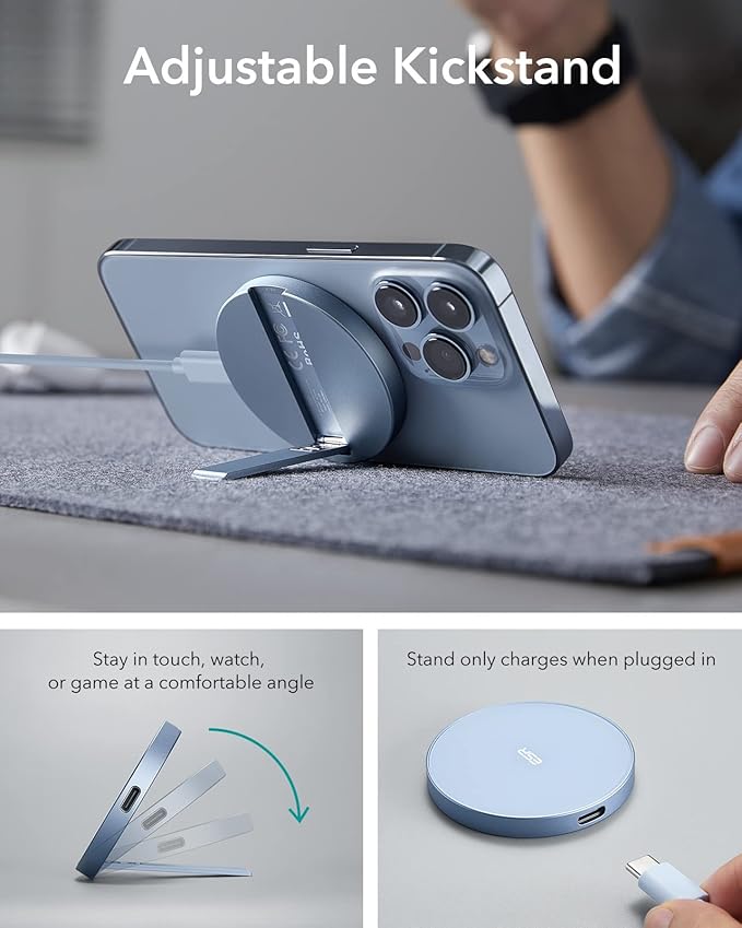 ESR for Magsafe Charger, Wireless Charger Kickstand, Charging Pad for iPhone 16/15/14/13/12 Series and AirPods 4/3/Pro/Pro 2, Galaxy S25 Strong Magnetic Charger Pad with 5 ft Removable Cable, Blue