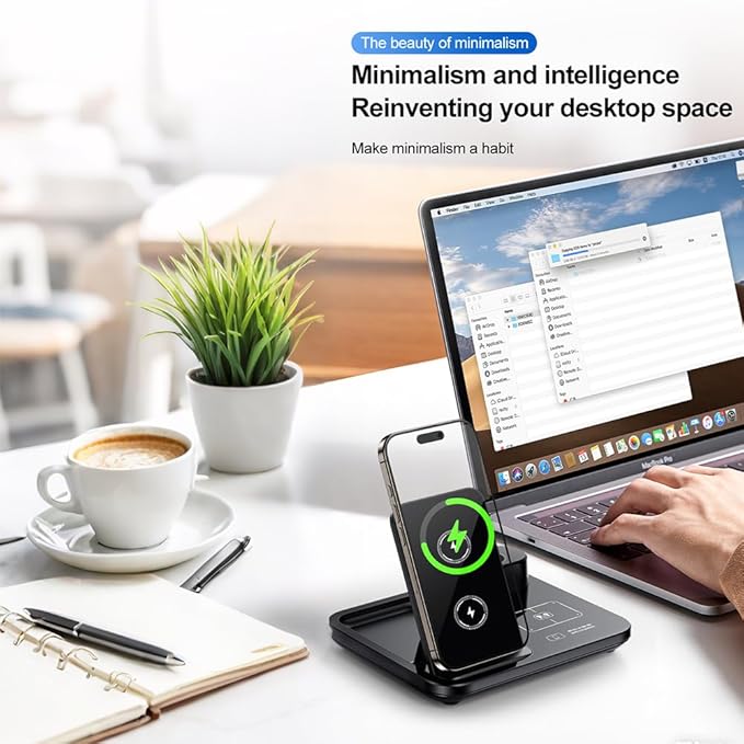 IHAO 3in1 Auto-Rising Wireless Charging Station 15W Fast Charge Ultra-Slim Foldable Design Wireless Charger for Phone Watch Earbud QC3.0 & PD Compatible