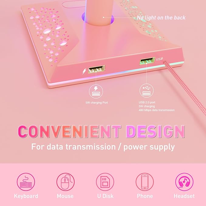VCOM RGB Gaming Headphones Stand with 2 USB Ports, Pink Headset Stand with 10 Light Modes and Non-Slip Rubber, Suitable for PC Desk Accessories Gamers Gift(Pink)