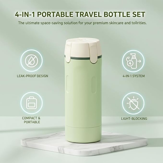 Leak Proof Travel Bottles Set, 4 Pack 30ML Refillable Travel Size Containers, Portable Silicone Squeezable Bottles for Shampoo, Conditioner, Lotion (4 in 1 Kit) (Green)