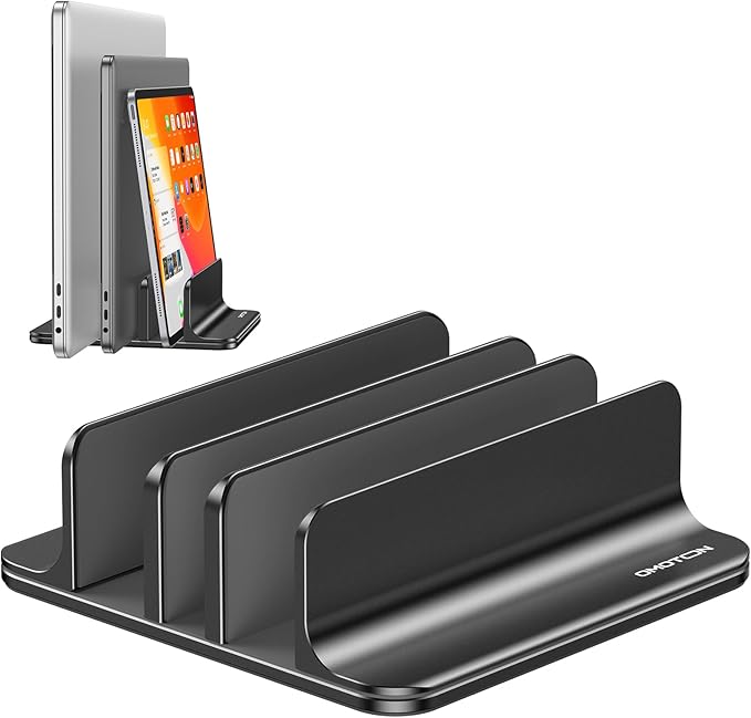 OMOTON Vertical Laptop Stand [Updated 3-Slots Version], Desktop Aluminum Mac Book Stand with Adjustable Dock Size, Fits All Mac Book, Surface, Chrome Book and Gaming Laptops (Up to 17.3 inch), Black