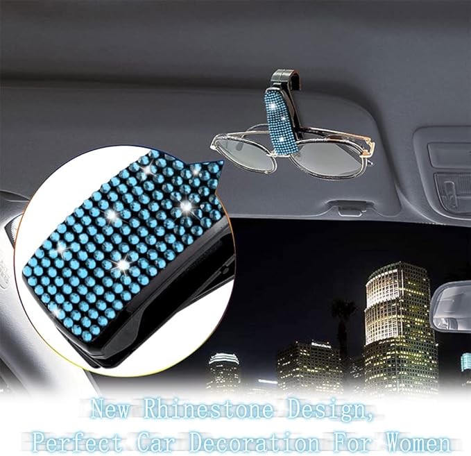 Turcee Set of 2 Bling Rhinestone Car Sun Visor Glasses Holders with Anti-Scratch Sponge,Car Decoration for Women Girls,Ticket Card Clip Visor Organizer (Lake Blue)