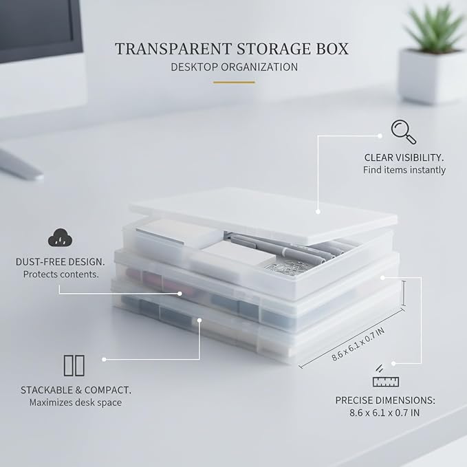 Storage Box, Transparent Stackable PP Plastic Container with Lid for Desktop Organization of Stationery and Documents (1 PC)