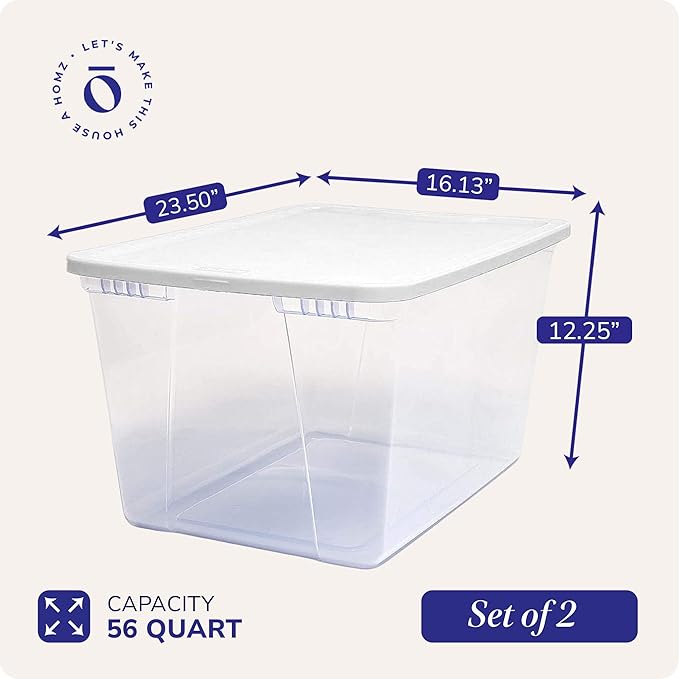HOMZ 2-Pack Snaplock, Large Clear Plastic Storage Organizer Bins w/Lids, 56 Quart, Blue - Stackable Container Boxes for Bedroom, Bathroom, Garage, and Office Organization