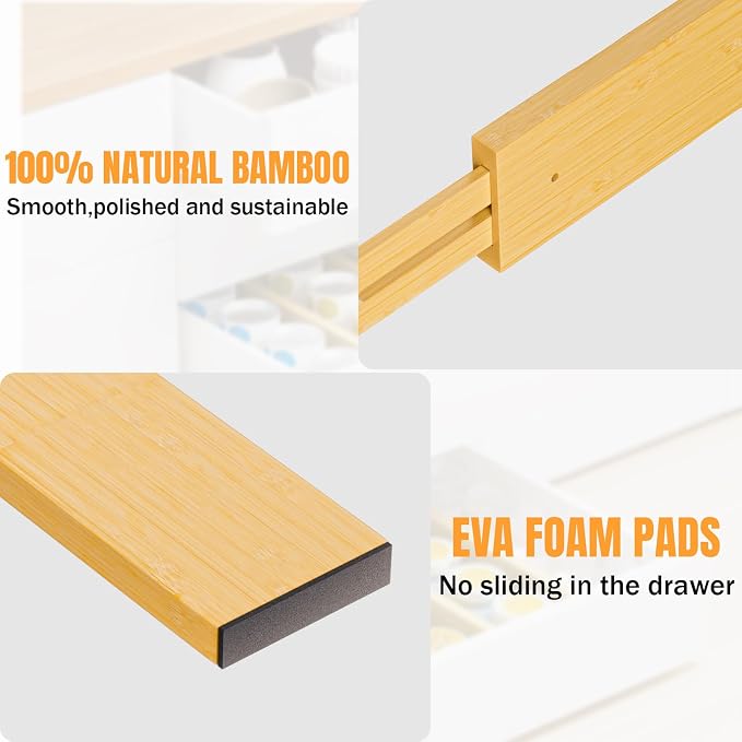 BAMBUROBA Bamboo Drawer Dividers, Adjustable Kitchen Drawer Organizer for Clothes,17-22" Expandable Drawer Organization Separators for Bedroom,Bathroom,Dresser and Office,6-Pack