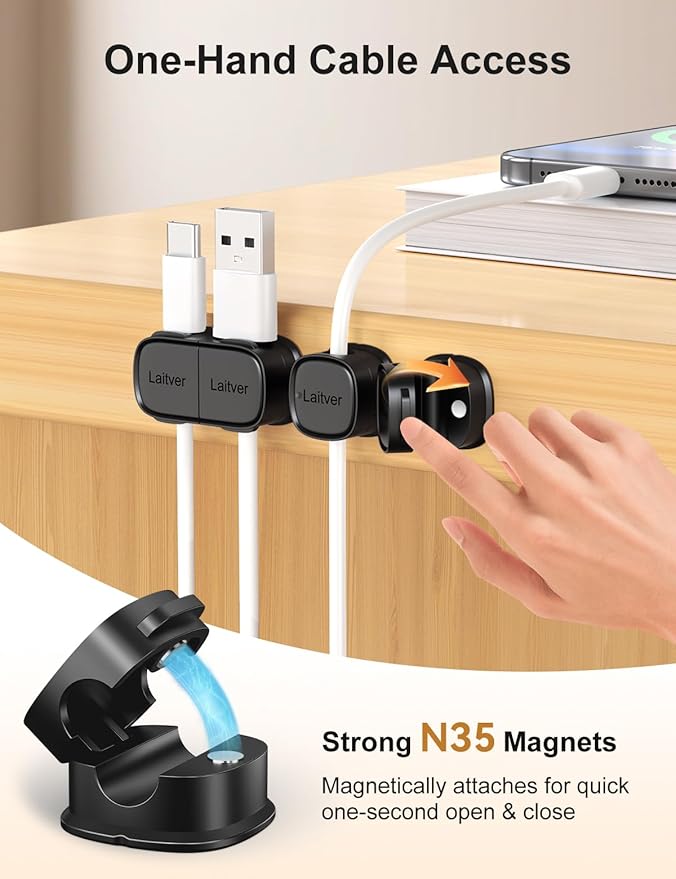 6 Pack Magnetic Cable Clips [1s Open/Lock], Laitver Cord Organizer Holder Strong Adhesive Desk Cable Management- Organize Charging Cords Neatly for Home, Office, Car,Desk, Nightstand-Black