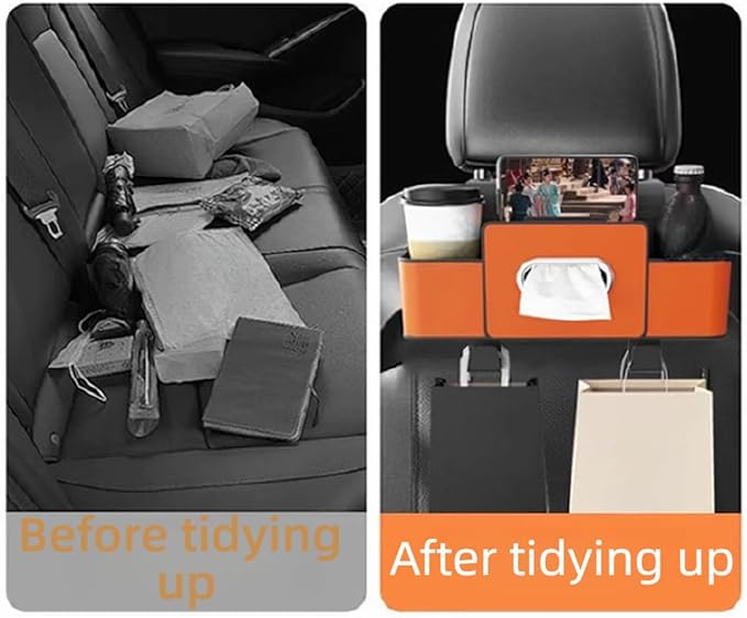 3-in-1 Multifunctional Car Backseat Organizer with Cup Holder, Tissue Box, Trash Bin & Hooks for Hold Phones, Snacks, Drinks, Handbags (Brown)