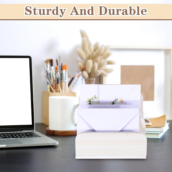 Briwooody Wooden Mail Organizer 3 Slots Mail Holder for Desk Wood File Paper Letter Holder for Letter Envelope Filing Cell Phone Document Storage, Organizer Tray for Office and Home(White)