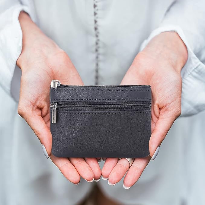 Genuine Leather Coin Purse, Small Coin Pouch for Men Women, Cash Change Wallet Key Holder Money Pouch with Key Ring, Zipper Storage Bag Coin Organizer