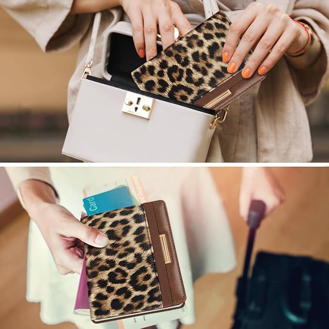 Women's Leopard Print Passport Holder Cover with RFID Protection, 4 Card Slots, 1 Cash Holder, 1 Boarding Pass Holder