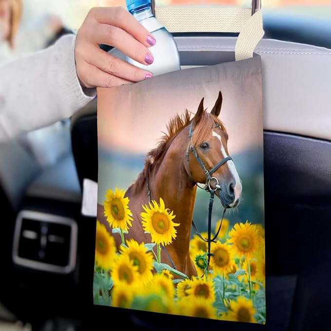 Car Trash Bag Hanging No Snap Small Garbage Bag for Car Back Seat Cute Printed One-handed Strap Trash Bags Car Accessories-Horse Sunflower Car Trash Bags