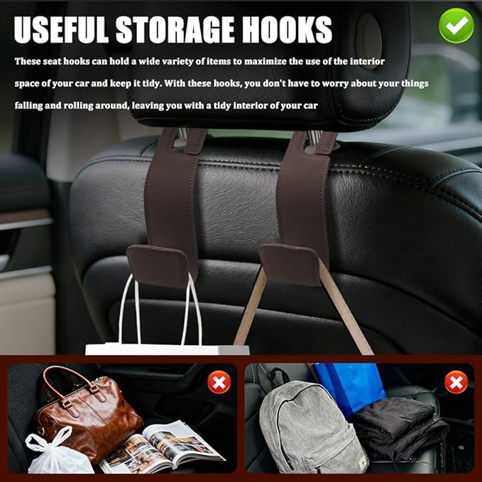 Car Seat Headrest Hooks, Purse Hook for Car, Automotive Headrest Handbags Holder, Auto Accessories Leather Seatback Organizer Hanger for Hanging Purses Bags Coats (Brown, 1PCS)