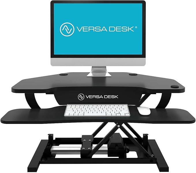 VERSADESK® PowerPro™ 36" Corner Standing Desk Converter, 36 Inch Motorized Height-Adjustable Standup Desk Riser Sit to Stand Desktop with Keyboard and Mouse Tray + USB Charging Port, Black