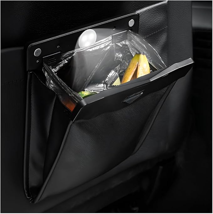 Smart LED Car Trash Can, Magnetic Leather Passenger Side Storage Pocket with Disposable Rubbish Bags, Waterproof Garbage Bag Multipurpose Hanging Container for Back Seat (Black)
