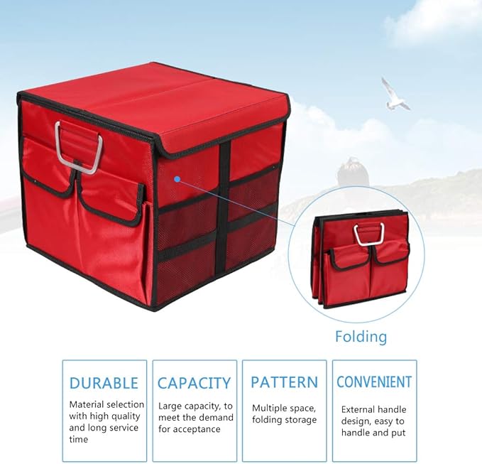 Car Trunk Organizer Collapsible Portable Multi Compartments Organizer with Non Slip Straps for SUV Truck Auto Vehicle Car Auto Minivan (Small covered, Red)