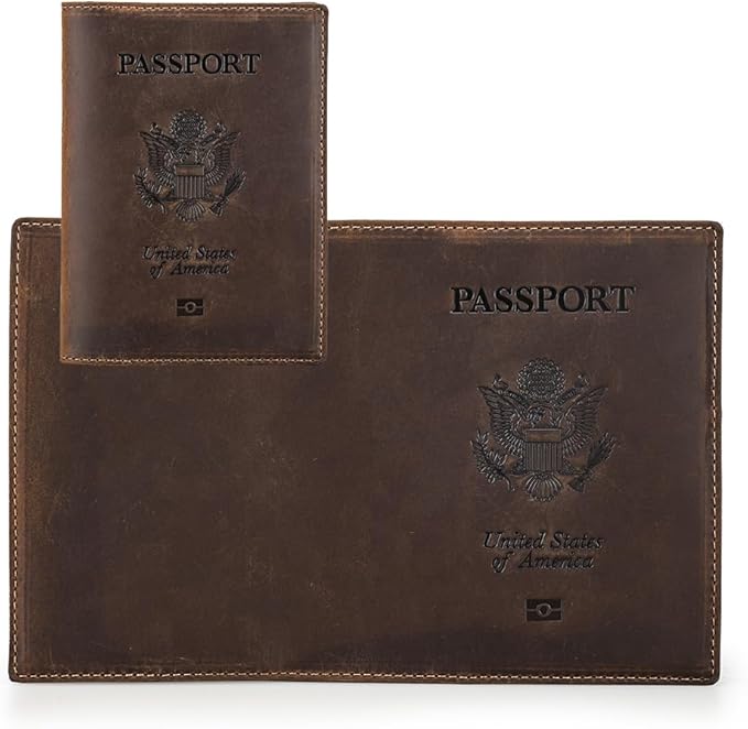 CONTACTS Full Grain Leather Passport Holder RFID Blocking Travel Passport Wallet Compatible with Airtag Passport Cover Case with 4 Card Slots, Coin Pocket with Badge