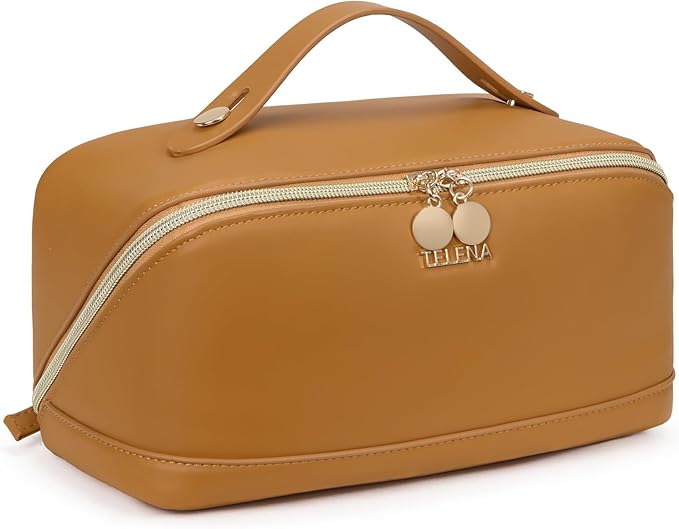 Telena Leather Make Up Bag Portable Travel Makeup Bag Waterproof Cosmetic Bags for Women Large Capacity With Handle and Divider Open Lay Flat