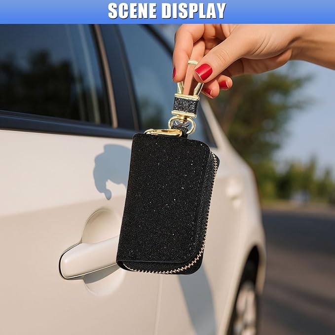 Bling Car Key Case, Leather Keyring Zipper Bag with Metal Hook, Remote Key Fob Cover, Auto Keychain Holder (Black)