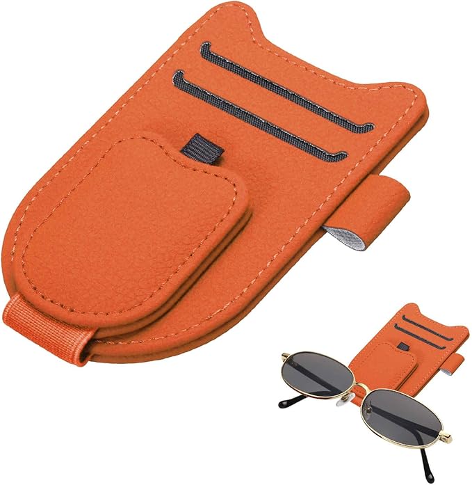 HARFINGTON 1 Pcs Sunglass Holder for Car Magnetic Leather Glasses Holder Universal Visor Sunglasses Clip Car Accessories Interior for Glasses Ticket Cards,Orange