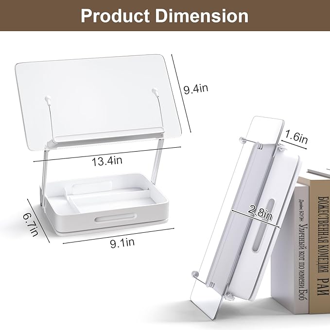 Book Holders for Reading, 360°Rotating Acrylic Book Stand with Storage Pen Slot, Foldable Desktop Riser Laptop Stand, Adjustable Book Reading Stand with Page Clips for Desk, Recipe, Cookbook Stand