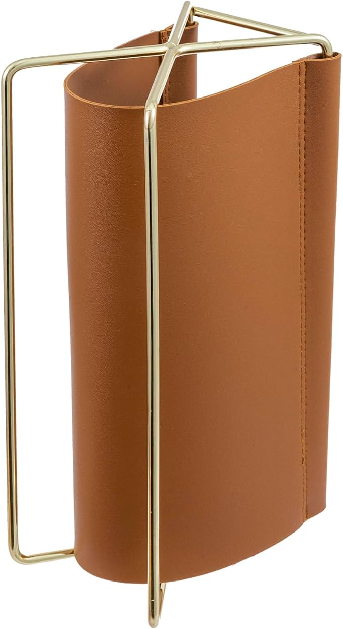 MyGift 10 Inch Mid Century Caramel Leatherette Mail Sorter Letter Holder Rack with Brass Tone Metal Frame, Faux Leather Sling Style Office Desk Card Envelope Organizer Stand