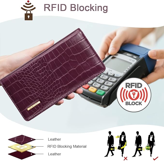 Wallet Women Bifold Faux Crocodile Leather Minimalist Slim Thin Long Wallets RFID Blocking Credit Cards Holder Purse with Back Zipper Coin Pocket for Women and Men,Plum