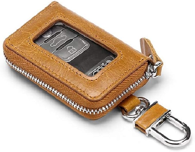 BAKUN Premium Mini Leather Car Key Case, Car Smart Key Chain Holder Wallet Zipper Bag for Remote Key Fob