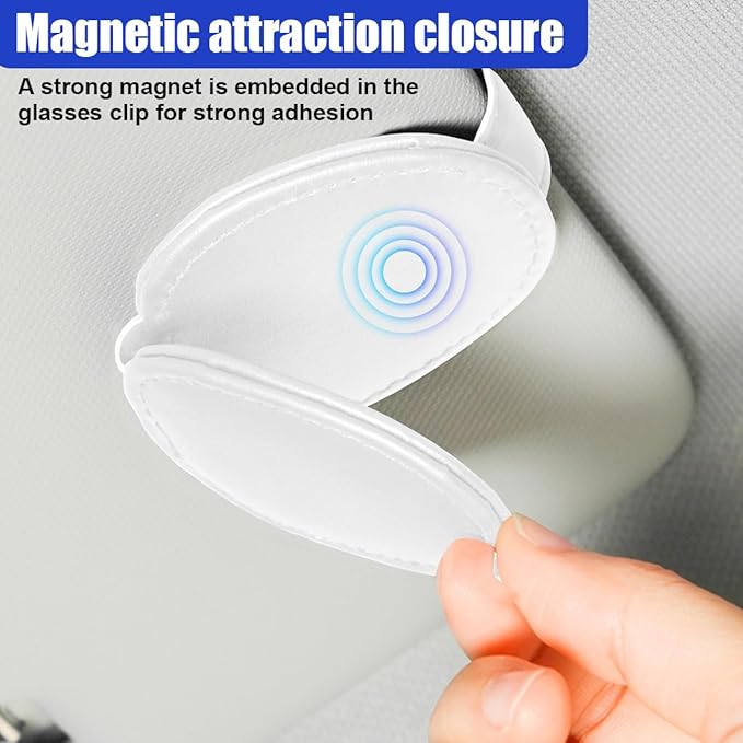 ZIMISI 2PCS Magnetic Sunglass Holder for Car Visor, Leather Glasses Holder for Different Size Eyeglasses, Clip on Sunglasses Clip, Ticket Card Clip, Car Visor Organizer (White)