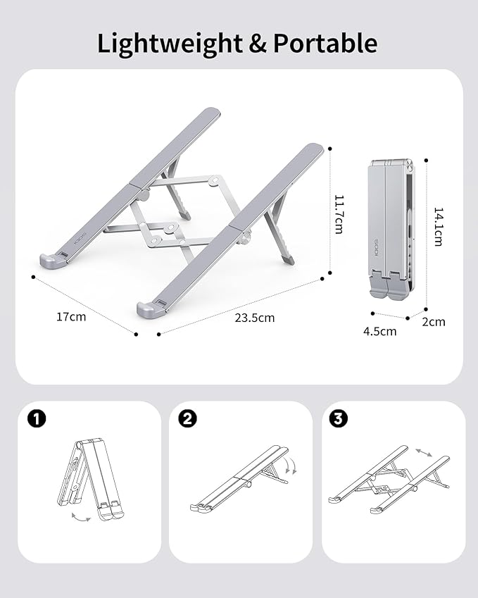 SODI Ultra Compact Foldable Laptop Stand - Portable Laptop Holder for Desk & Travel Use, Adjustable, Ergonomic Aluminum Computer Holder for MacBook, Tablet 10-16" (Light Gray, Bi-Fold-Horizontal)