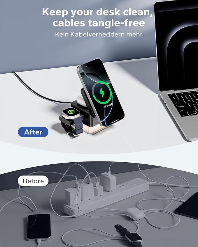 KPON for iPhone Nightstand Charging Station,15W 3 in 1 Wireless Phone Charger Stand with Night Lamp, Travel Foldable Magnetic Cube Magsafe Dock for iPhone 17 16 15 14 13 12 Series/Apple Watch/Airpods