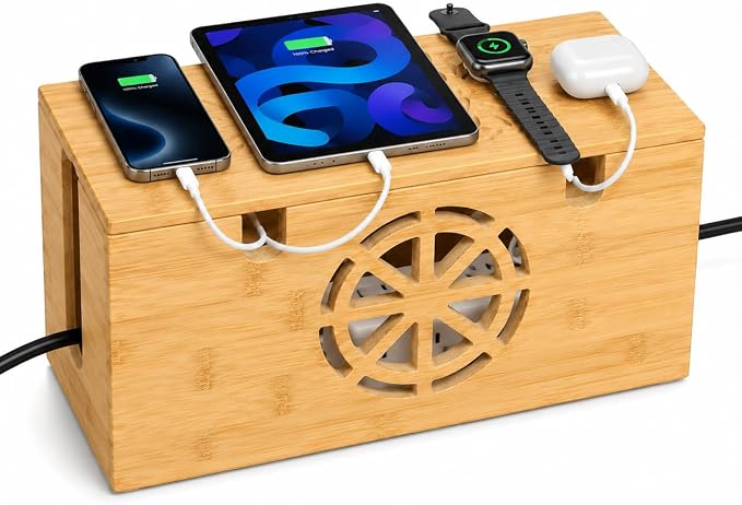 Cable Management Box - Large Bamboo Cord Organizer for Desk and Home Office - Power Strip Hider with Ventilation, 15.7 x 6.7 x 6.7in