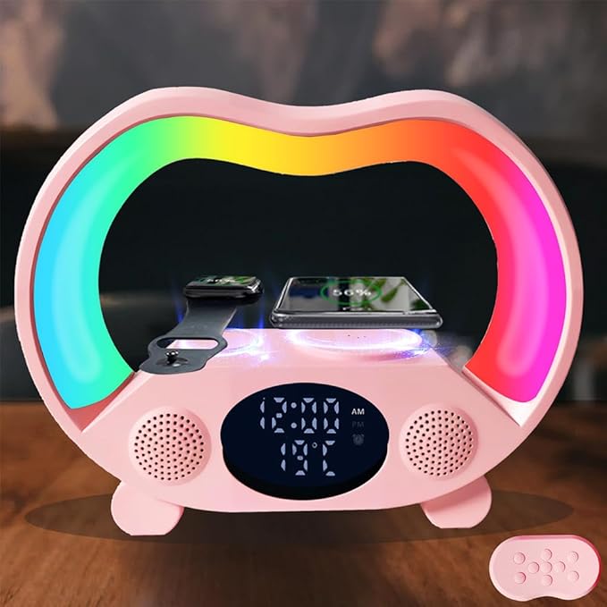 IHAO 6in1 Wireless Charging Station with Bluetooth Speaker Time&Temperature Display Alarm Clock 7-Color LED Night Lights Fast Charger for Phone, Apple Watch, Earbuds Remote Control Auto Shutoff-Pink
