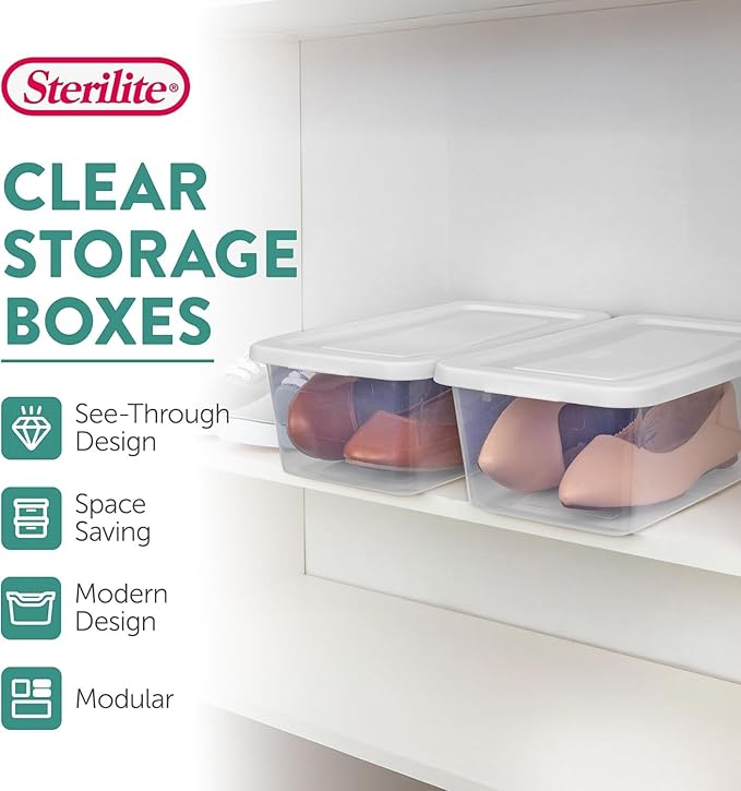 Sterilite 6 Quart Clear Storage Bins with Lids, 18-Pack Plastic Storage Containers, Clear Stackable Storage Bins Box for Closet, Garage, Classroom, Home Organization and Storage, Cloth Included