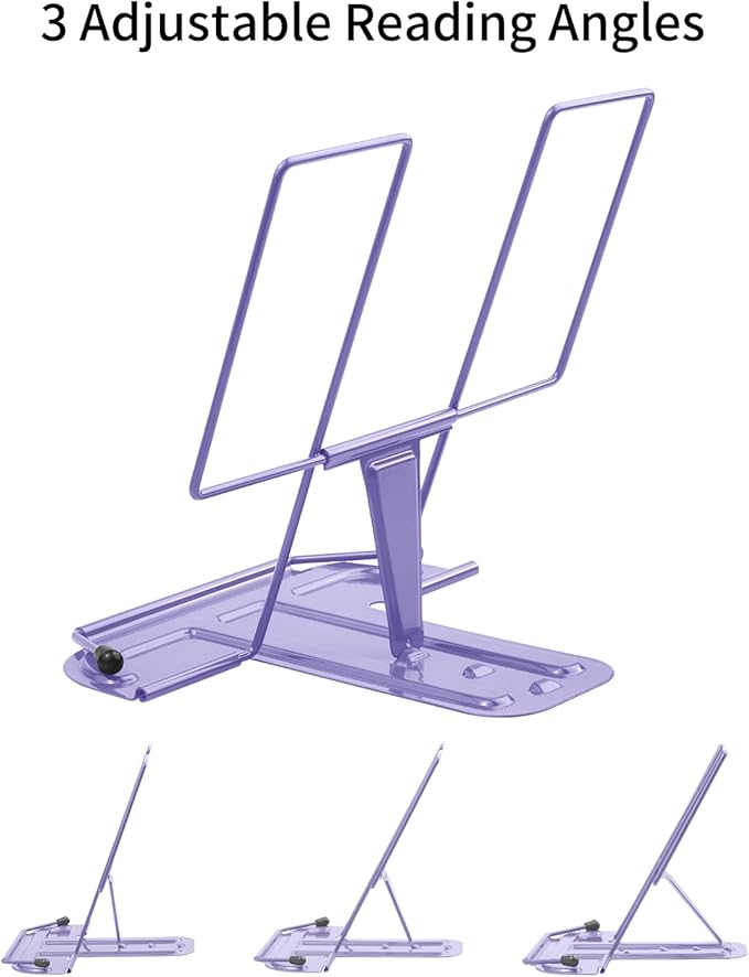 MSDADA Metal Book Stand for Desk, Adjustable Reading Rest Book Holder, Portable Cookbook Documents Holder, Sturdy Typing Stand for Recipes Textbooks Tablet Music Books with Page Clips (Purple)