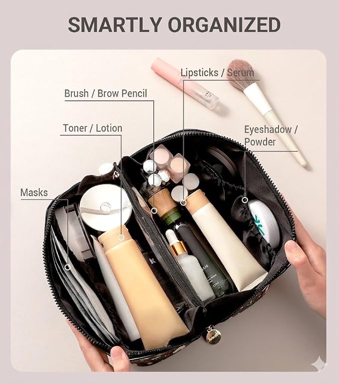 Aveniee Travel Makeup Bag for Women, Large Cosmetic Organizer with Open-Flat Design, Clear Divider & Handle - Waterproof PU Leather Toiletry Case (BunnyPattern)