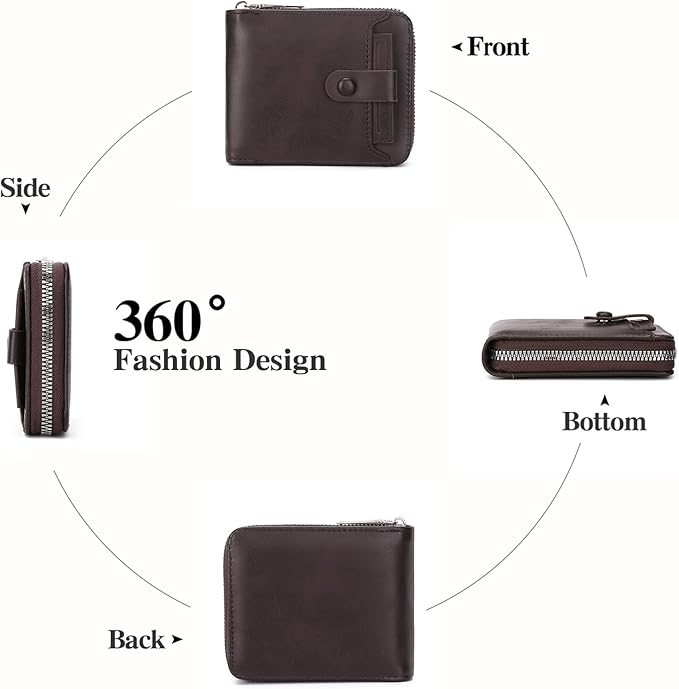Zipper Wallet for Men Leather Bifold Pocket Wallets RFID Blocking Zip Coin Credit Card Wallets -Big Capacity For Travel
