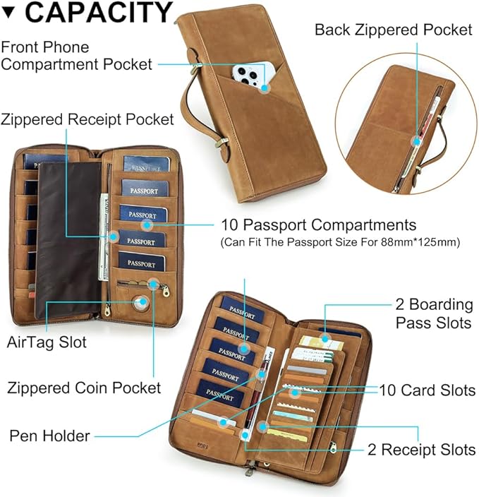 CONTACTS Family Passport Holder for 10 Full Grain Leather Passport Holder Compatible with Airtag Family Travel Document Organizer Multiple Passport Wallet with Rfid Blocking (Brown)