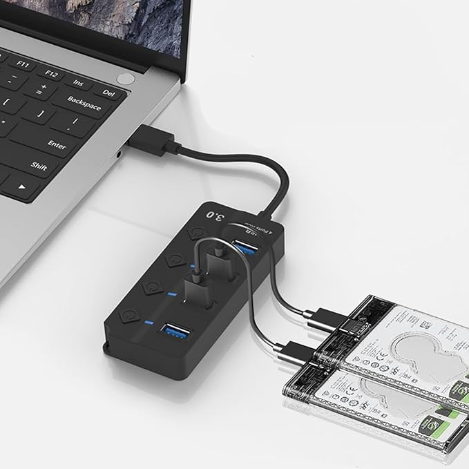 USB Hub - 3.0, 4-Port USB Station Hub with Individual Switches - Expander Hub for Laptop/MacBook, Flash Drives, Mobile HDD, Printer