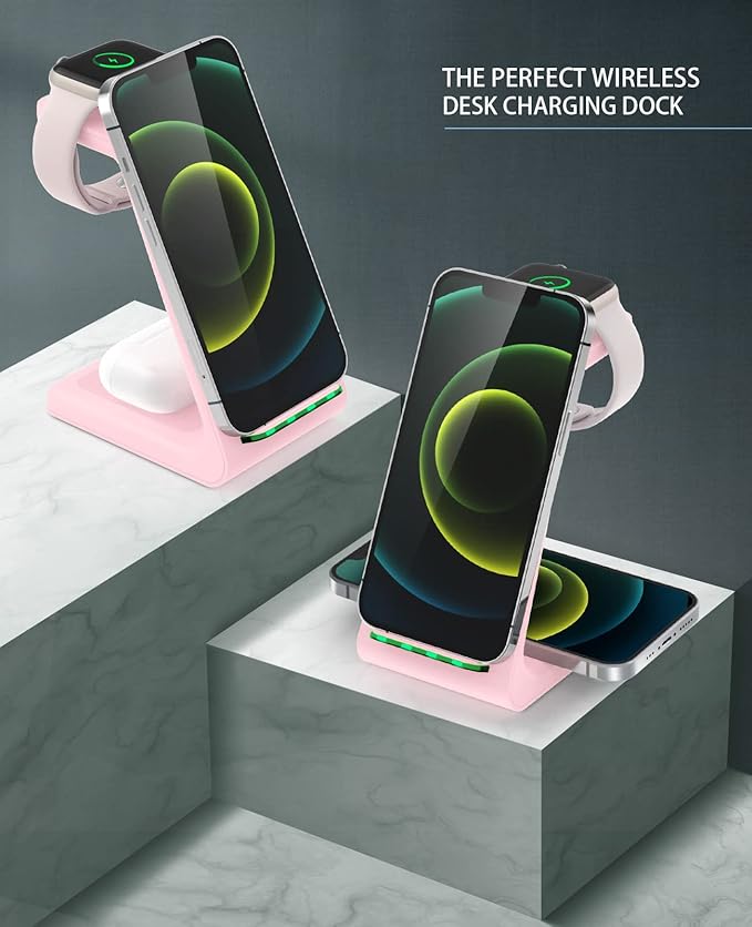 3 in 1 Wireless Charging Station, 2026 Upgraded Fast Desk Charger Station for iPhone 17 16 15 14 13 12 Pro Max Plus, Charger Stand for Apple Watch 10 9 8 7 6 5 4 3 2 SE, Airpods 4 3 2 Pro(Pink)