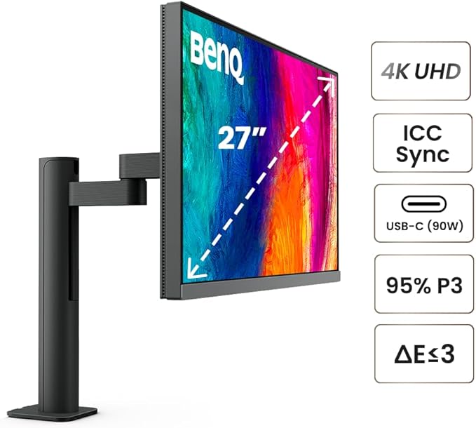BenQ PD2706UA Ergo Arm Mac-Ready 27" 4K UHD, 95% P3, 99% Rec.709 & sRGB, IPS, Built-in Ergo Arm, ICCSync, Uniformity, Delta E??, Factory-Calibrated, AQCOLOR, Pantone, USB-Hub, USB-C (90W)