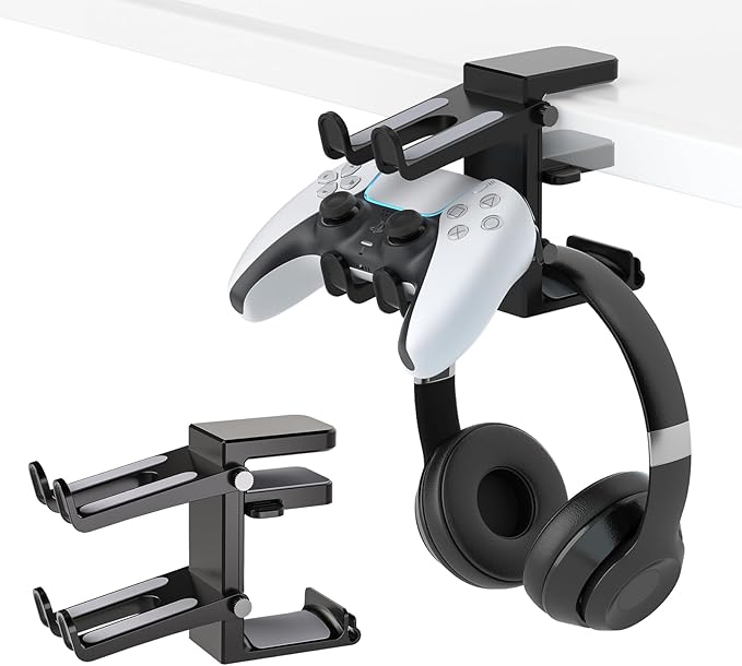 Adjustable Headphone Stand Desk-Sided Clamp Headphone Hanger with Handle PC Gaming Headset Holder (Under Desk with Handle)
