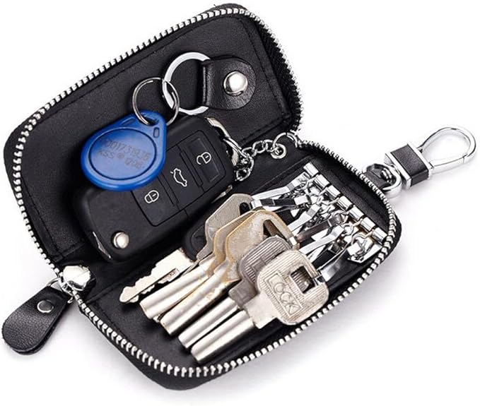 WESTONETEK Unisex Mens Womens Premium Leather Car Key Holder Bag Keychain Case Wallet with 6 Hooks Zipper Closure