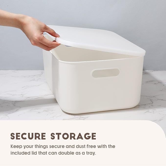 Tuanse 8 Pieces White Plastic Storage Bins with Lids, Stackable Storage baskets with Handle Containers Box for Shelves Drawers Desktop Playroom Classroom Office Organization(14 x 10.5 x 6.5 Inches)