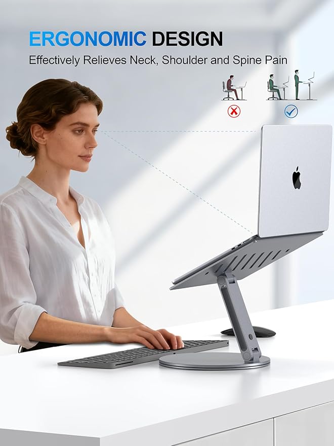 YICOSUN Adjustable Laptop Stand for Desk - 360° Rotating Ergonomic Riser with Aluminum Cooling Vents & Sturdy Construction for 10-16 Inch MacBook Pro/Air, Foldable Portable for Office & Home - Gray