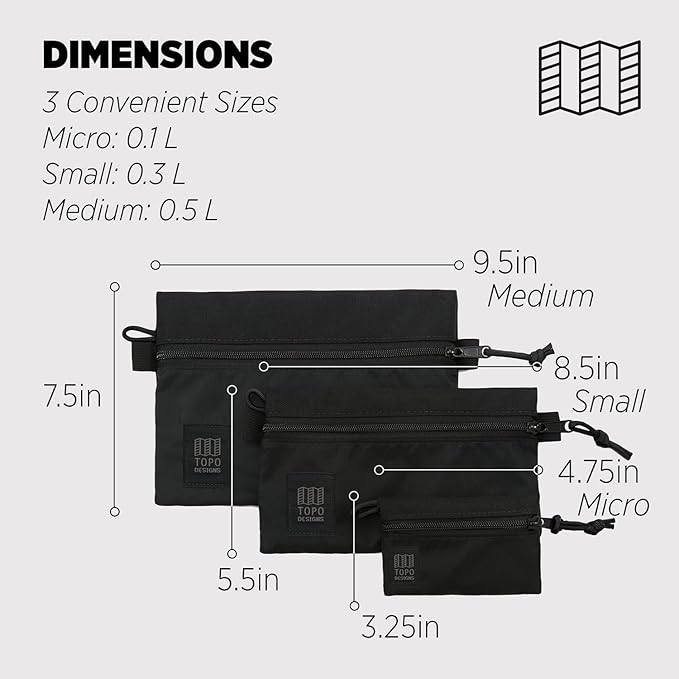 Topo Designs Accessory Bags, Travel Organizer Accessories for Smaller Items, Durable Storage Pouch, 3 Sizes, Fully Lined Pack Cloth (Medium, Black/Black)