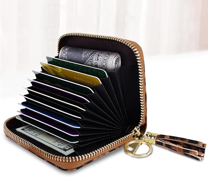 Coco Rossi Women's Small Credit Card Wallet RFID Cute Card Holder for Women with Tassel, Leopard