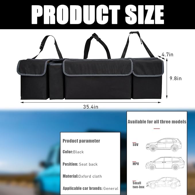 Yourkar Car Trunk Organizer, Oxford Backseat Storage Bag with 4 Pockets, Waterproof Adjustable Large Capacity Hanging Collapsible Bag for Most Vehicles, Universal Car Accessories